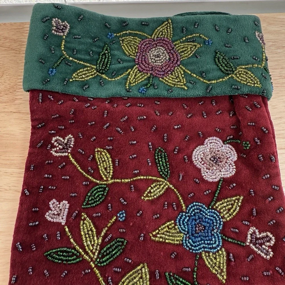 Christmas Stocking‎ Flowers Burgundy Red Green Lillian Vernon VTG Beaded Velvet